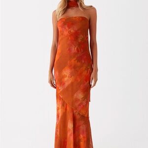 Pepper Mayo Orange Strapless Maxi Dress With Scarf